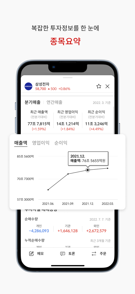 알파스퀘어 - 주식, 코인 정보·분석·관리를 한 곳에서 - AlphaSquareのモバイルアプリインターフェイス。サムスン電子の詳細な株価概要と金融チャートが表示されています