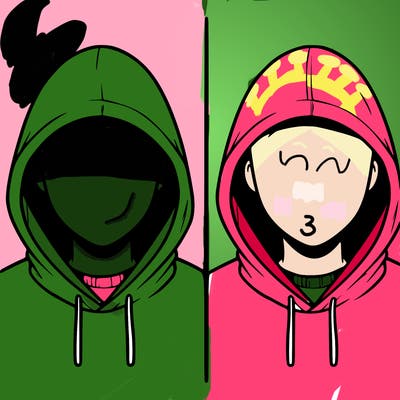 a person with a hoodie and no face, the drawing is split in 2
