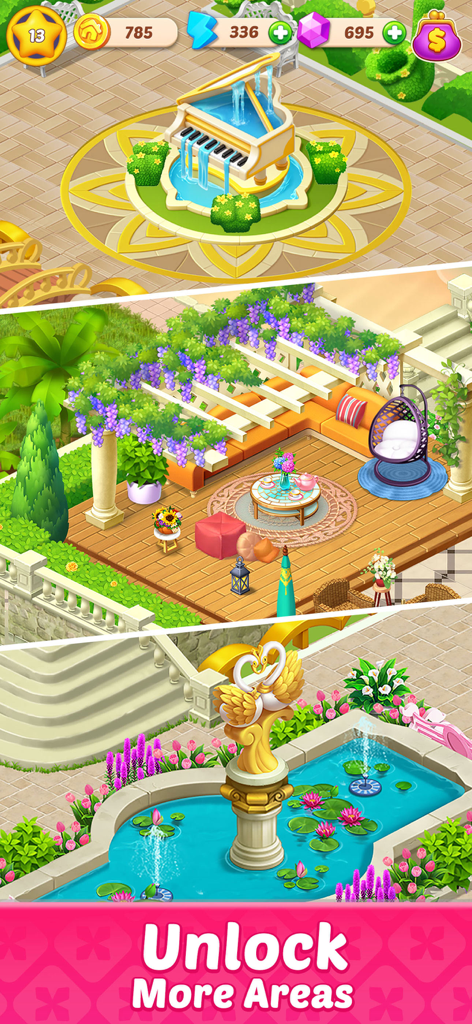 Happy Merge House - Three decorated outdoor garden areas with fountains and patios in Happy Merge House