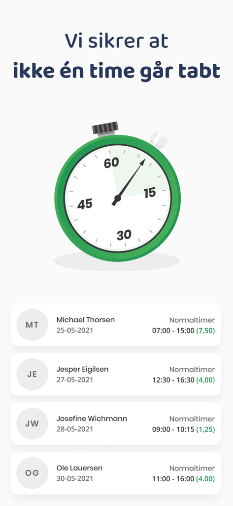 OS Worker - Mobile app interface displaying employee work hours and a green stopwatch for time tracking