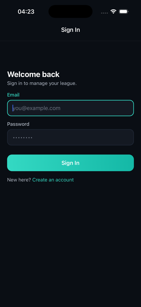 Sign in screen for the Snooker Pool League mobile app showing email and password fields