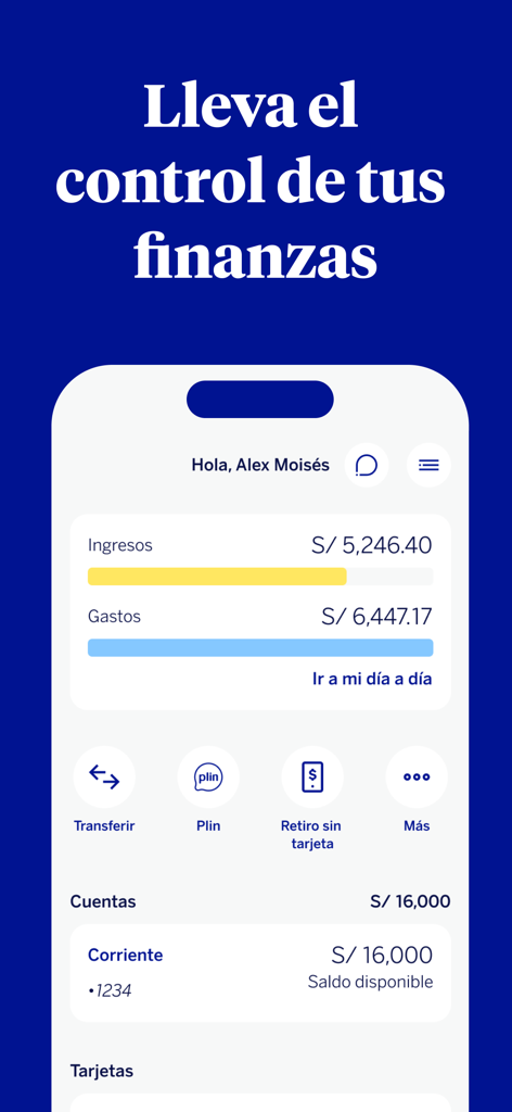BBVA Perú | Banca Móvil - Interface de l'application mobile BBVA Pérou affichant le solde du compte et les fonctionnalités de contrôle financier
