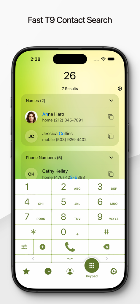 iPhone screen showing the Perfect Dialer app with a T9 keypad and contact search results.