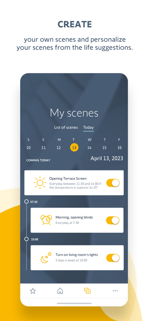 Interface do aplicativo TaHoma by Somfy exibindo cenas programadas de casa inteligente para persianas e iluminação