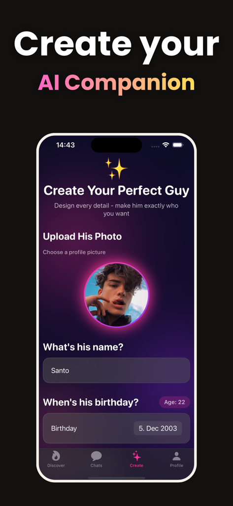AI Boyfriend: Roleplay Chat - Mobile app screen showing the customization process to create a virtual AI boyfriend including name and birthday