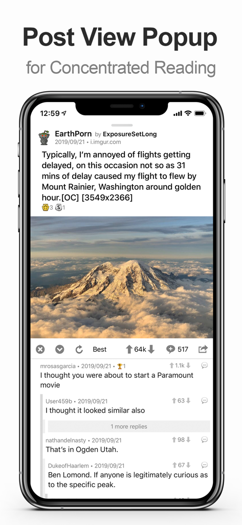 A screenshot of MultiTab for Reddit showing the post view popup for concentrated reading with a mountain landscape and comments
