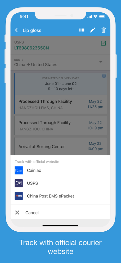 Packages - Track Your Parcels - A screenshot of the Packages app displaying tracking details for an international shipment with a menu to track via official courier websites like USPS and China Post.