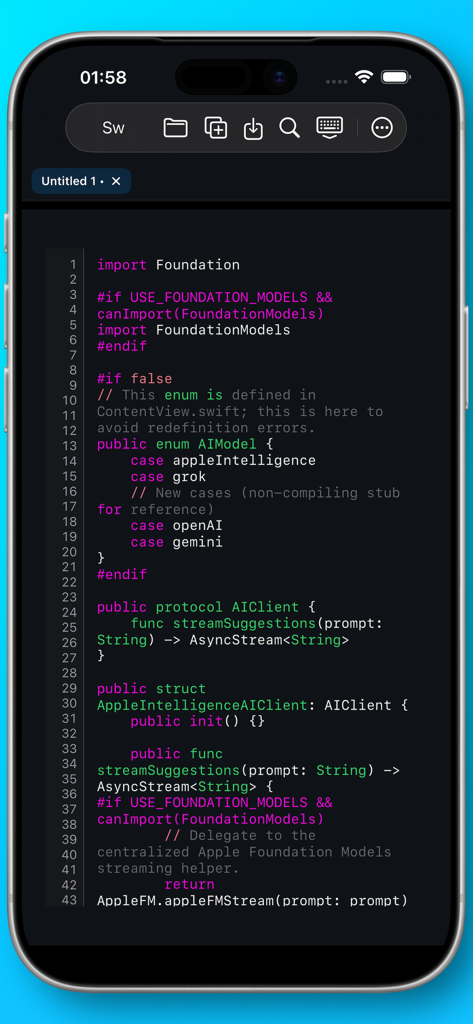 Neon Vision Editor - Neon Vision Editor muestra código Swift con resaltado de sintaxis de alto contraste en un iPhone.