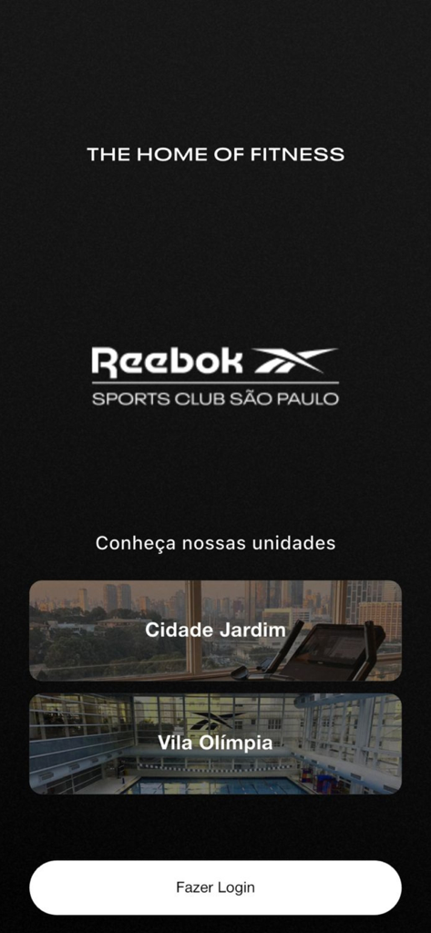 Pantalla de inicio de la aplicación Reebok Sports Club SP mostrando las ubicaciones de los gimnasios Cidade Jardim y Vila Olimpia