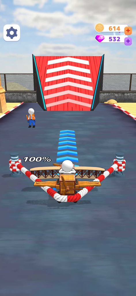 Un biplano de madera personalizado listo para despegar de una rampa en el juego Fly Challenge Plane Simulator.