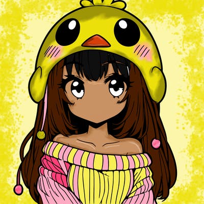 anime girl with chick shaped hat with sweater with bare shoulders with bangs covering them one eye with low tail