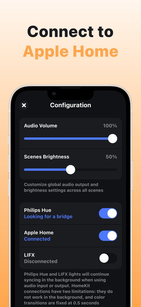 Hue Party for Philips Hue - Pantalla de configuración de la aplicación Hue Party que muestra los ajustes de conectividad para las luces inteligentes de Apple Home y Philips Hue