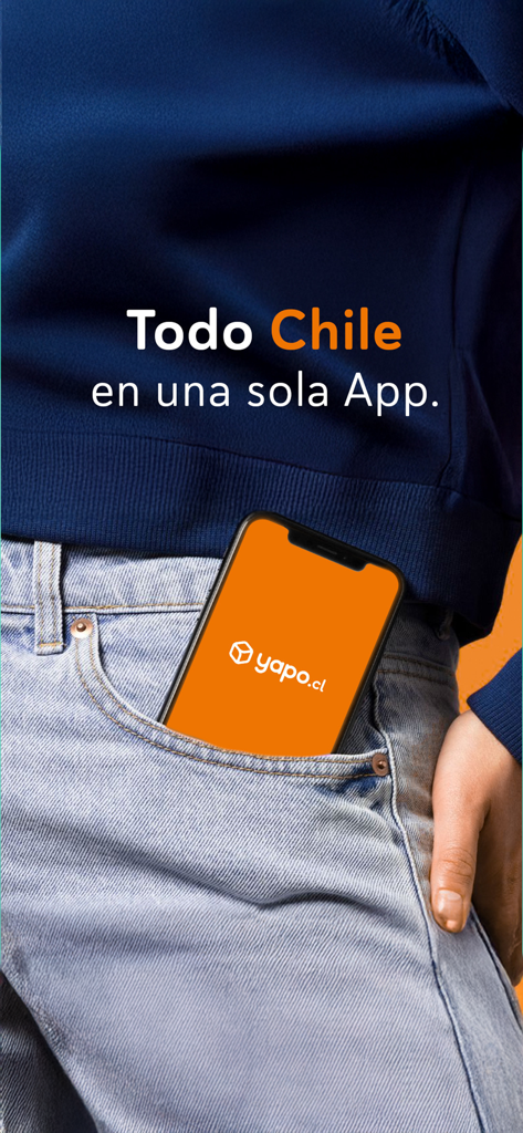 Yapo.cl - Teléfono inteligente en un bolsillo de jeans mostrando el logo de la app Yapo.cl con el eslogan Todo Chile en una sola app