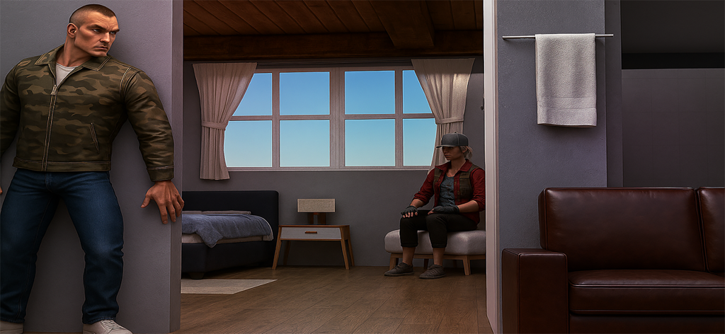 Sneak Robbery: Thief Simulator - Um personagem escondido atrás de uma parede enquanto se esgueira para dentro de uma sala durante um assalto em Sneak Robbery Thief Simulator