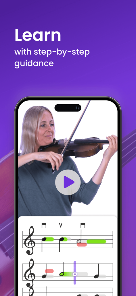 Learn & Play Violin - tonestro - A woman playing violin in a video lesson with interactive sheet music and real time feedback