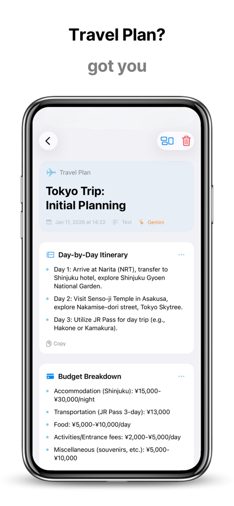 Wiz Note AI: Smart Notes - Una interfaz de plan de viaje inteligente en Wiz Note AI que muestra un itinerario de viaje a Tokio y un desglose del presupuesto organizados en tarjetas.