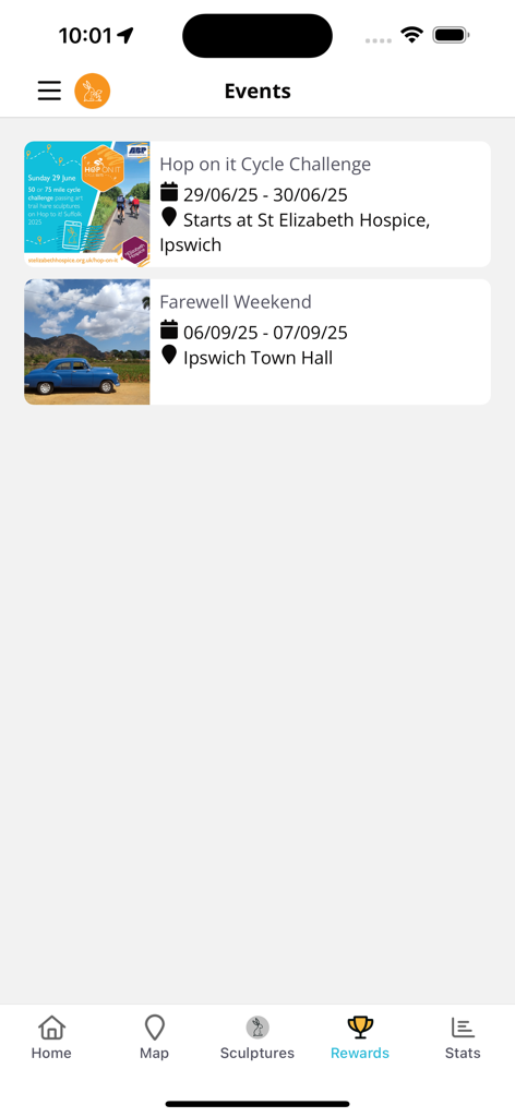 Hop to it! Suffolk Art Trail - Events screen in the Hop to it Suffolk Art Trail app listing the Cycle Challenge and Farewell Weekend