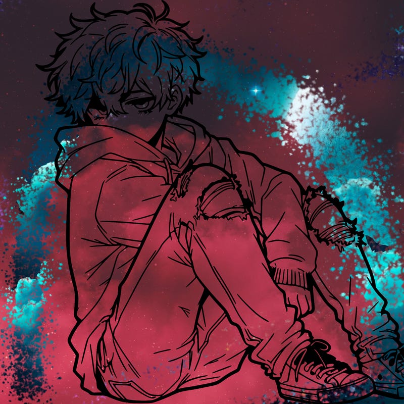 a male hoddie ripped jeans messy hair anime