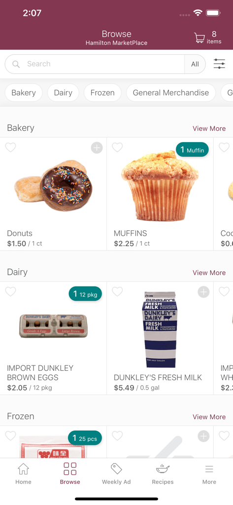 The MarketPlace Bermuda mobile app browse screen displaying bakery and dairy product listings with prices.