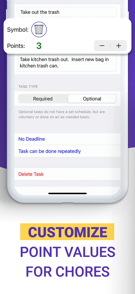 Interface showing how to assign point values to household chores like taking out the trash