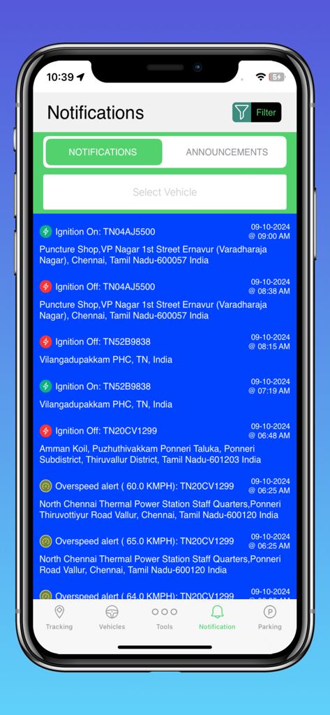 Gro Fleet - Notifications screen in the Gro Fleet app displaying ignition and speeding alerts for various vehicles