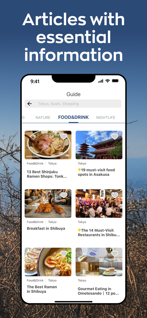Japan Travel - Smart Transit - Screenshot of Japan Travel app displaying travel guide articles about restaurants and food spots in Tokyo