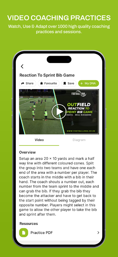 Football DNA - Football DNA app interface showing a video coaching practice for a soccer reaction and sprint drill with written instructions.