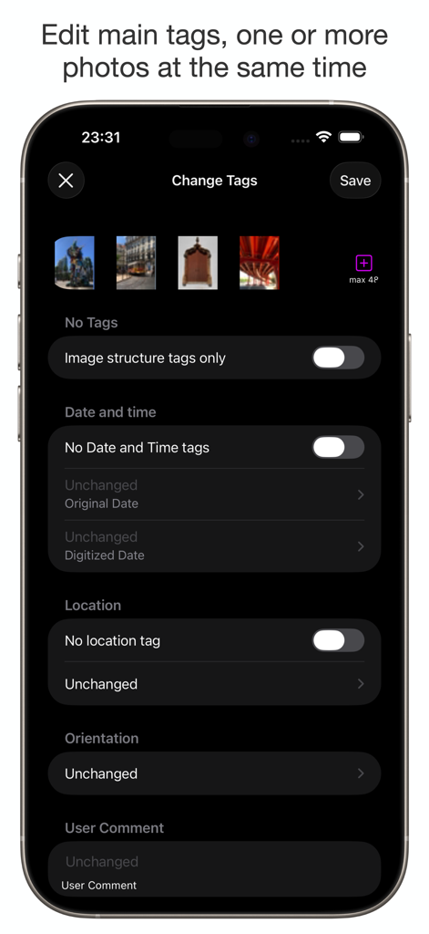 PhotInfo - PhotInfo 앱 화면으로, 날짜 및 위치와 같은 사진 메타데이터 태그의 일괄 편집을 보여줍니다.