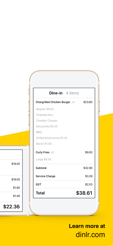 Dinlr Customer Display: CDS - A mobile screen showing a detailed food order summary and total cost on the Dinlr Customer Display app.