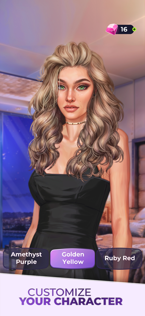 Love Story® My Romance Fantasy - Una pantalla de personalización de personajes femeninos en Love Story My Romance Fantasy que muestra a una mujer rubia con un vestido negro con varias opciones de color de ojos como amarillo dorado.