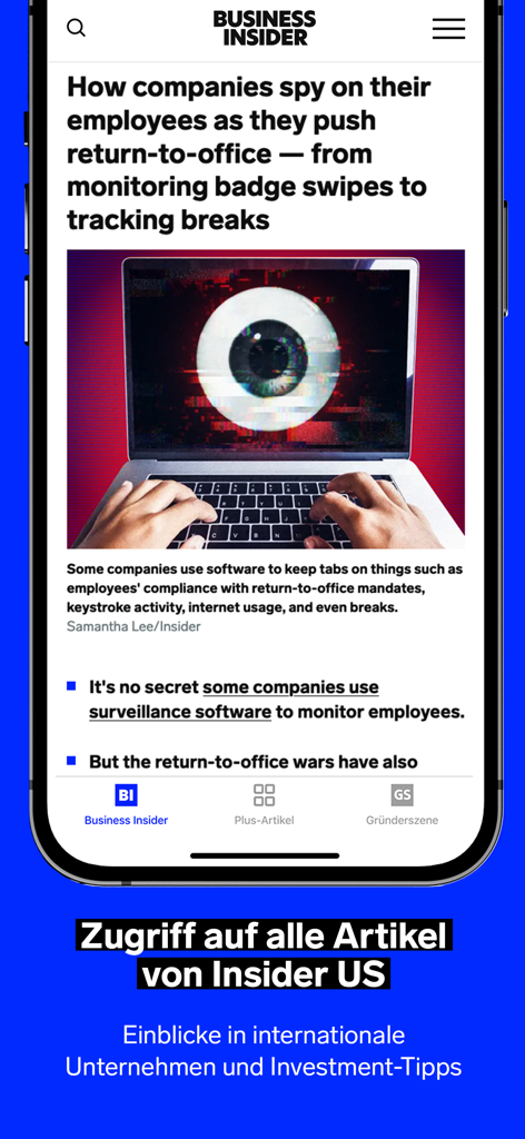 Business Insider Deutschland - Ein Smartphone-Bildschirm, der einen Business Insider Artikel über Arbeitsplatzüberwachung und Mitarbeiterüberwachung anzeigt.
