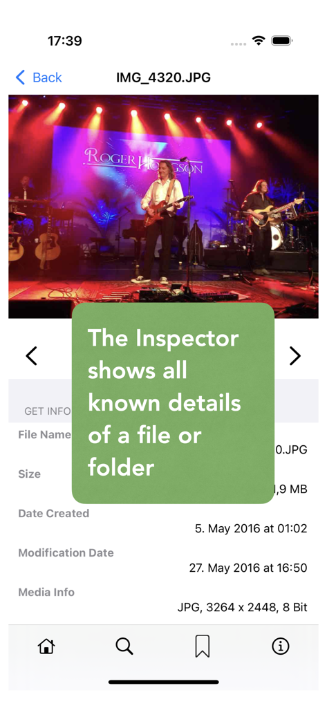 NeoFinder - NeoFinder iOS app interface showing detailed metadata and file information for a photo in the inspector view