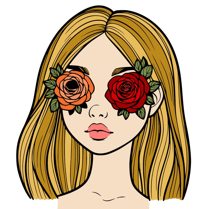 a realistic girl with roses for eyes