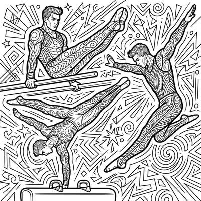 Experience the exhilarating world of gymnastics with this action-packed coloring page showcasing powerful male athletes. Detailed figures in mid-performance poses, combined with an energetic background, promise a truly engaging artistic challenge.