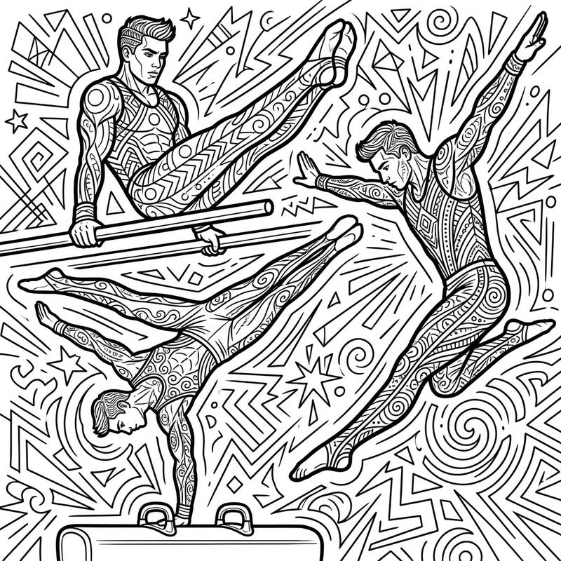 Experience the exhilarating world of gymnastics with this action-packed coloring page showcasing powerful male athletes. Detailed figures in mid-performance poses, combined with an energetic background, promise a truly engaging artistic challenge.