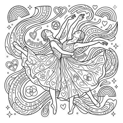 Celebrate the vibrant spirit of Pride Month with this dynamic coloring page featuring two expressive dancers. Bring this intricate scene, rich with symbols of love and diversity, to life with your unique colors.