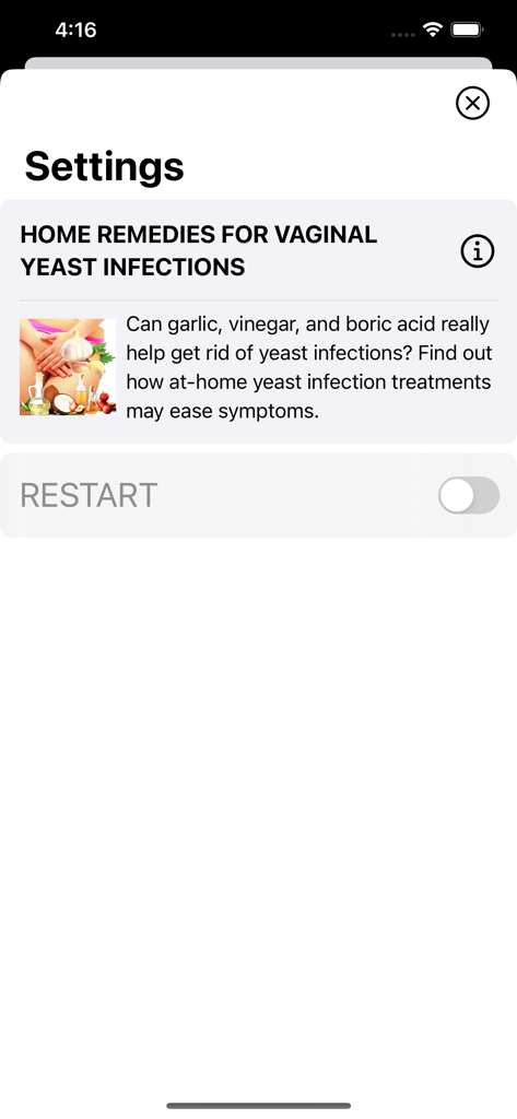Einstellungsbildschirm der App Mittel gegen Scheidenpilz mit Informationen über natürliche Hausmittel