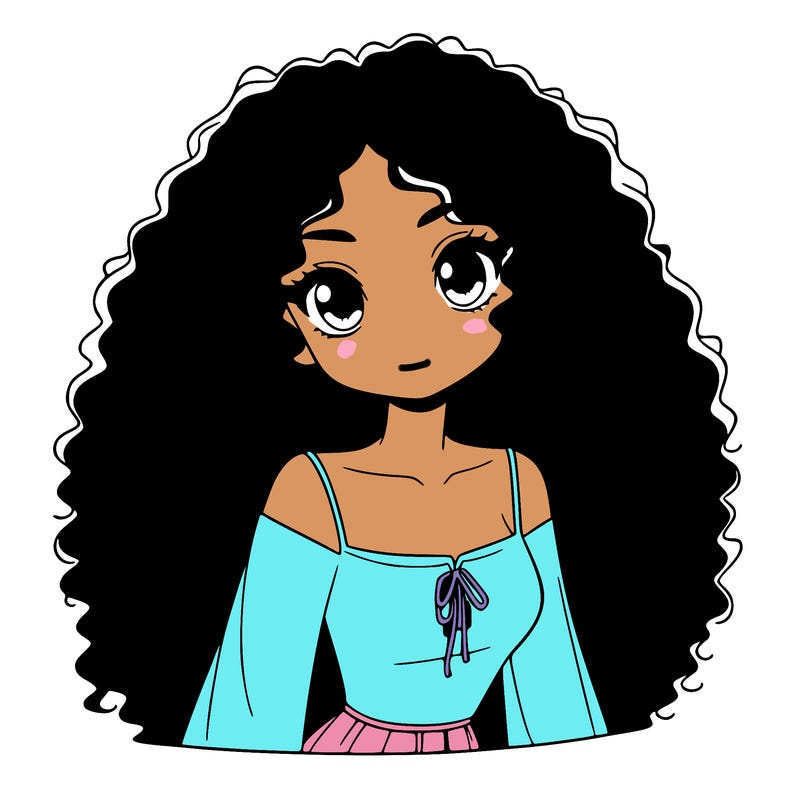 a black anime girl with long afro hair