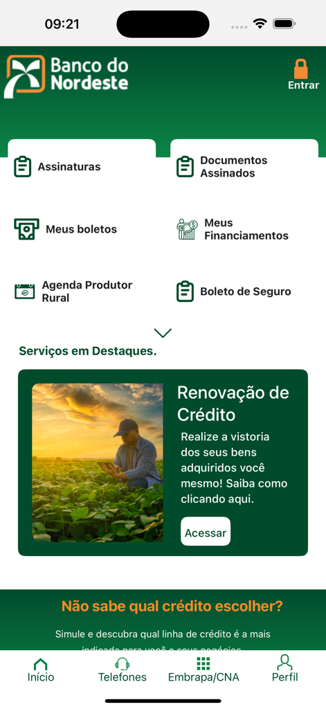 BNB Agro - Pantalla de inicio de la aplicación móvil BNB Agro que muestra herramientas de gestión financiera y servicios de renovación de crédito para agricultores.