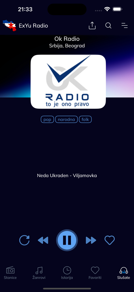 Mobile Ansicht der ExYu Radio App, die den Live-Player für Ok Radio aus Belgrad, Serbien, anzeigt