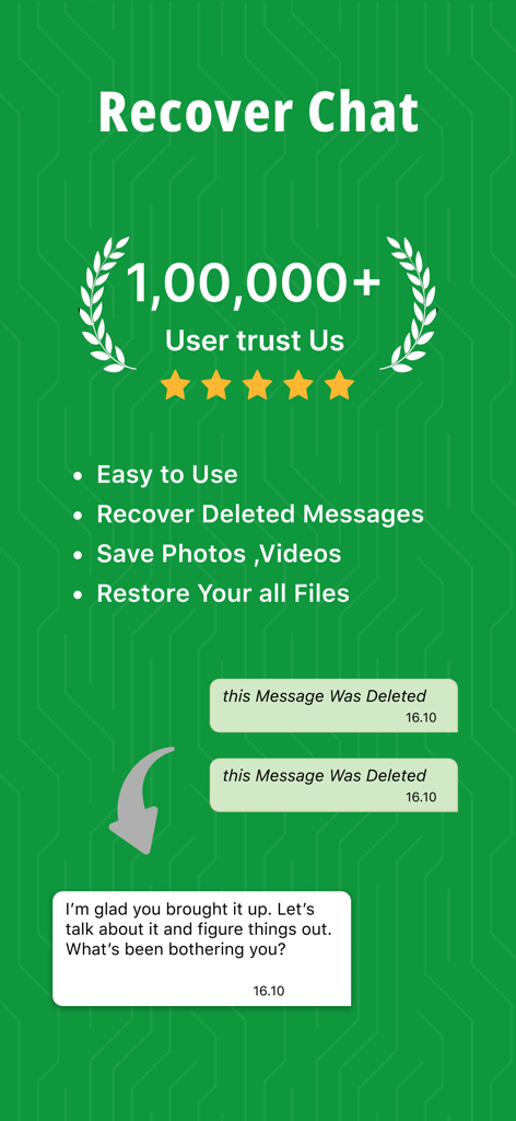 WA: Recover Deleted Messages - Screenshot of WA Recover Deleted Messages app showing features like chat recovery and photo saving with a visual example of a restored message.