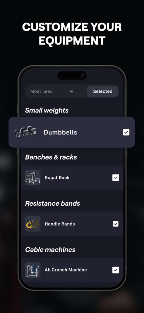 Fitbod mobile app screen showing options to select gym equipment including dumbbells squat racks and resistance bands