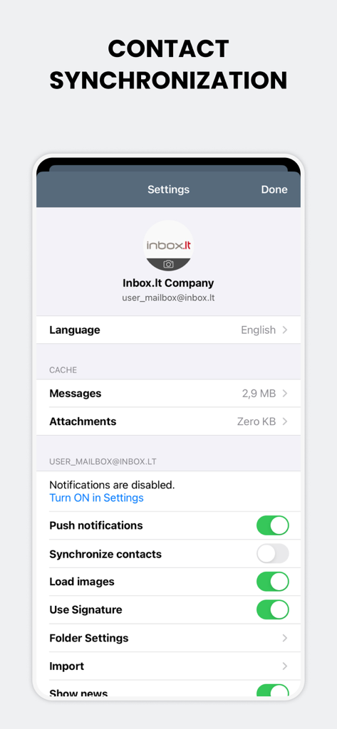 inbox.lt - Inbox lt app settings screen showing the contact synchronization feature