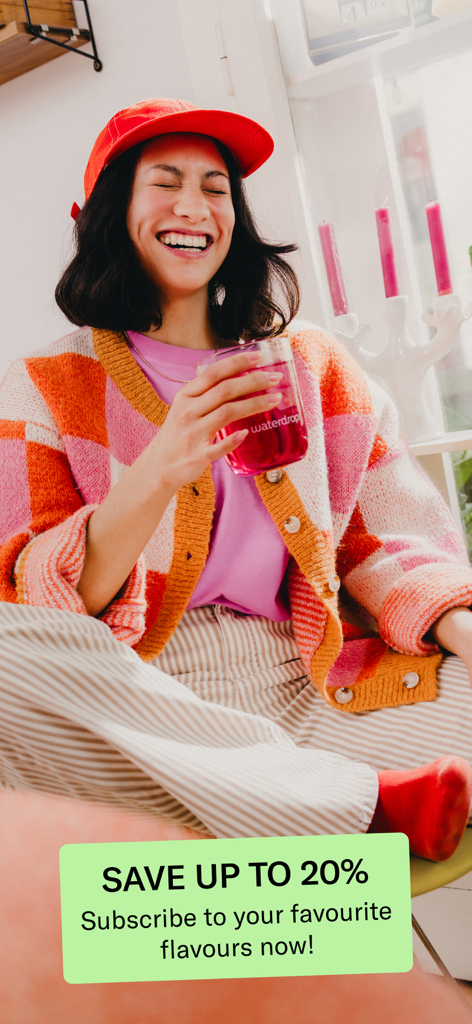 waterdrop® Shopping App - A smiling woman holding a colorful waterdrop drink with a banner advertising twenty percent off flavor subscriptions