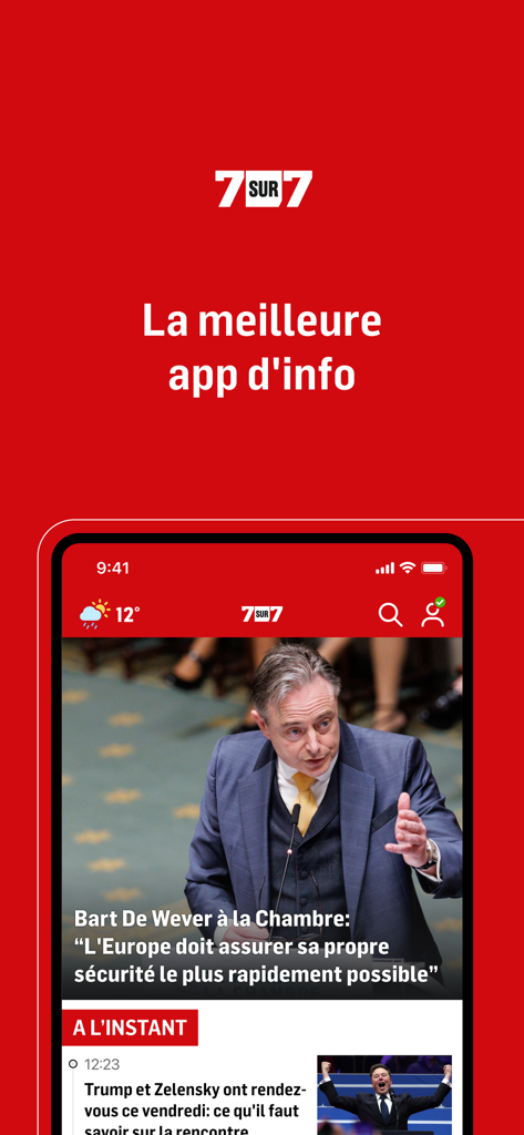 Interface de l'application d'actualités 7sur7 présentant les gros titres internationaux et belges