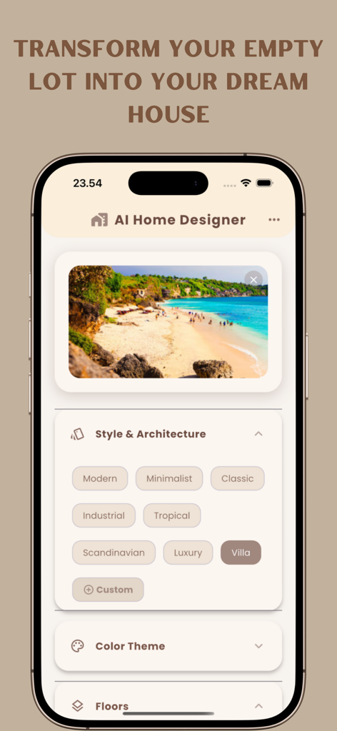 AI Home Design Landscape - AI Home Designer app interface showing architectural style options like Modern and Villa to transform an empty lot