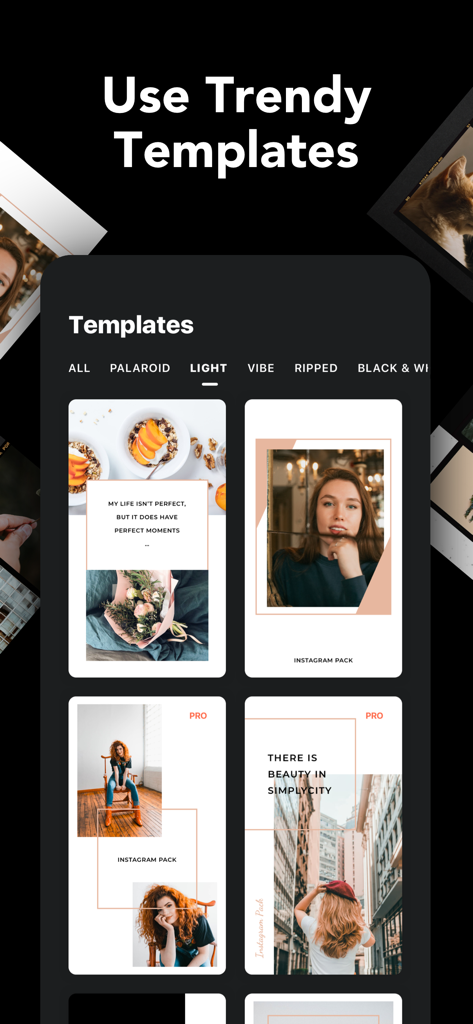 IG: Story Maker & Insta Editor - A display of minimalist and trendy templates for Instagram stories in the app interface