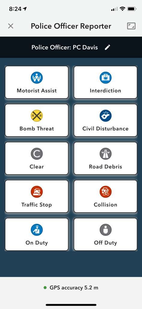 Mobile interface of ArcGIS QuickCapture showing big buttons for police incident reporting such as traffic stops and collisions.
