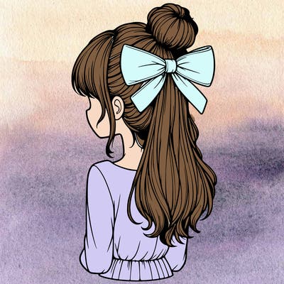 realistic girl  with hip length hair a bun and a big bow on the back of head