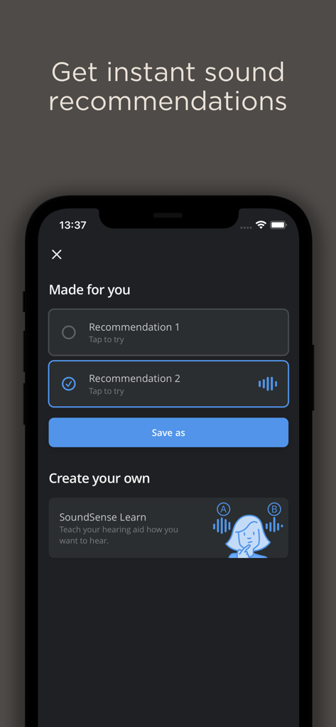 WIDEX MOMENT app interface showing AI sound recommendations and the SoundSense Learn feature for personalized hearing profiles.